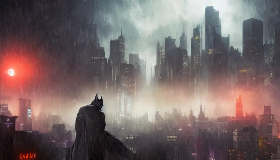 Prompt: Digital painting of Gotham City with Batman on a rooftop during a thunderstorm, wide angle, volumetric light, hyperdetailed, artstation, cgsociety, 8k