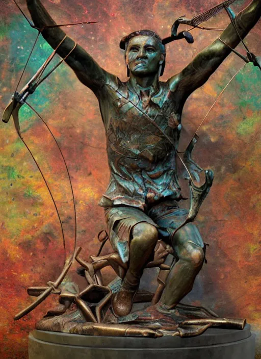 Image similar to An epic fantastic realism comic book style painting of a distressed bronze archery sculpture from the future by Stanislaw Szukalski, beautiful colorful flowers rain down, gilded marbled paper overlay, fisheye lens, unreal 5, DAZ, hyperrealistic, octane render, dynamic lighting