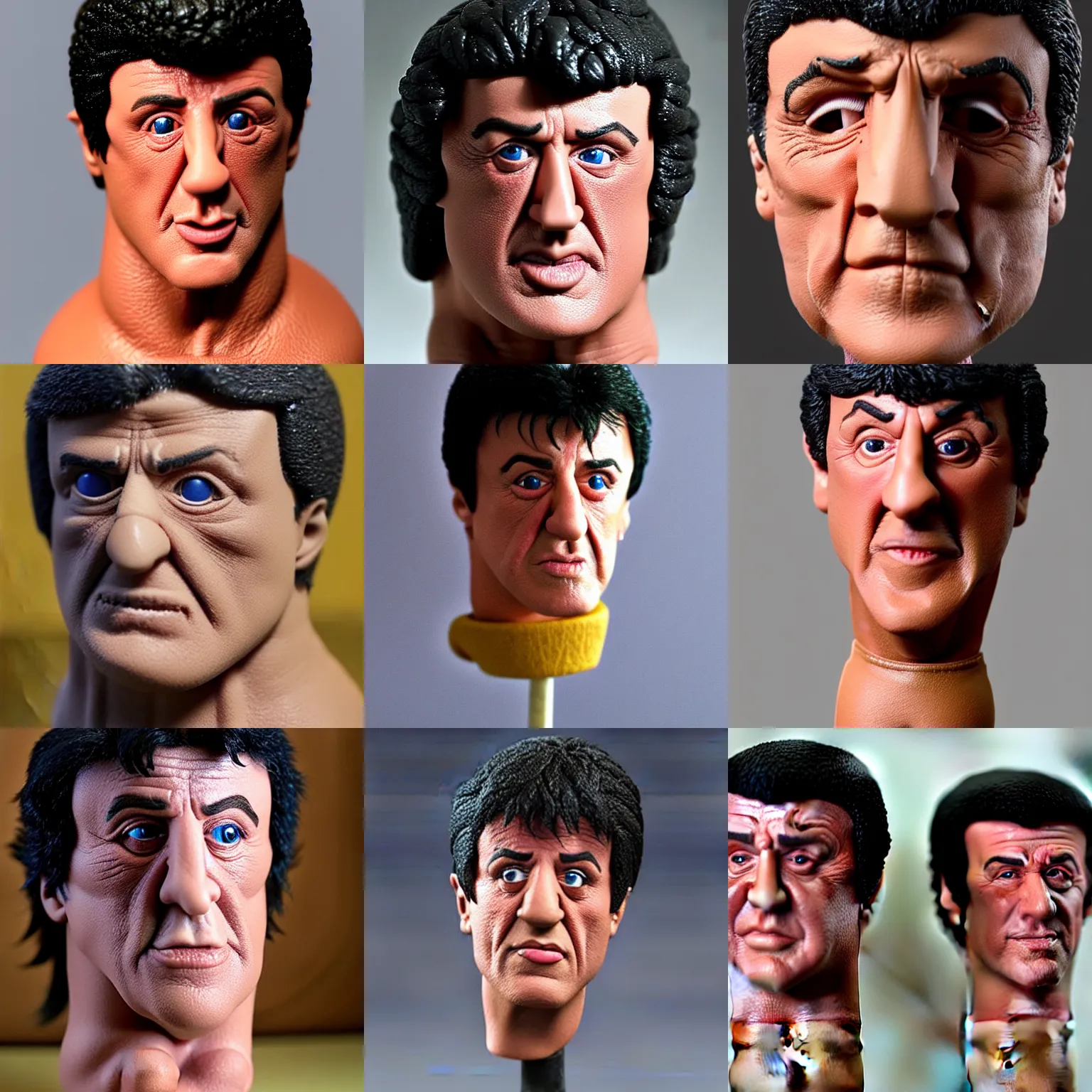 Prompt: rocky sylvester stallone! clay! very close detailed sculpted head , style: professional claymation puppet clay , by guldies