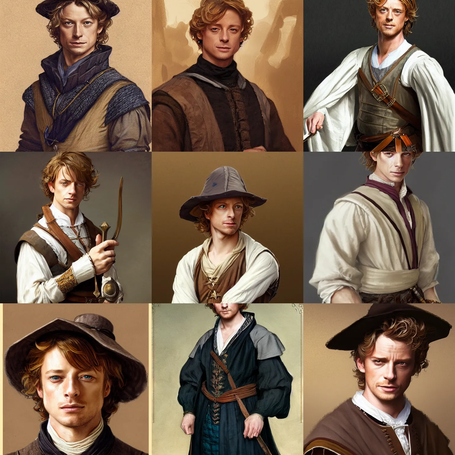 Image similar to a young man wearing 16th century clothes, sly expression, blonde, young simon baker, D&D, fantasy, portrait, highly detailed, digital painting, artstation, concept art, sharp focus, illustration, art by artgerm and greg rutkowski and alphonse mucha