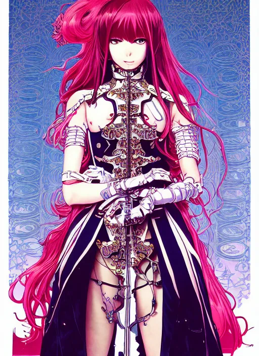 Prompt: highly detailed terada katsuya artstation minaba hideo fantastic fate shigenori soejima manga poster of princess mechine, long hair, armor, dress, laces, ruffles, 8 k, fluorescent, maximalist, jump comics, tomer hanuka, alphonse mucha