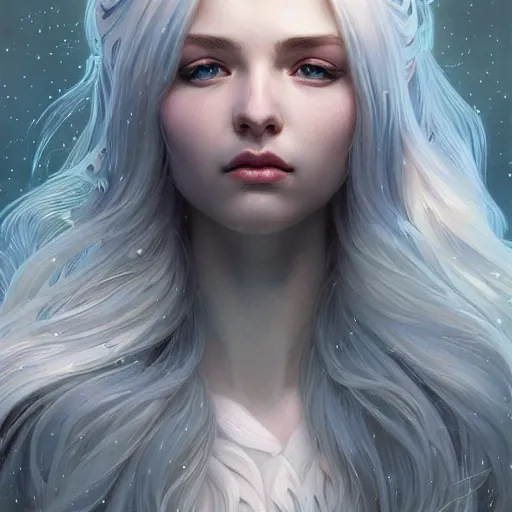 Prompt: girl with super long hair, hair becoming white snow, intricate, highly detailed, digital painting, artstation, concept art, smooth, sharp focus, illustration, unreal engine 5, 8 k, art by artgerm and greg rutkowski and alphonse mucha