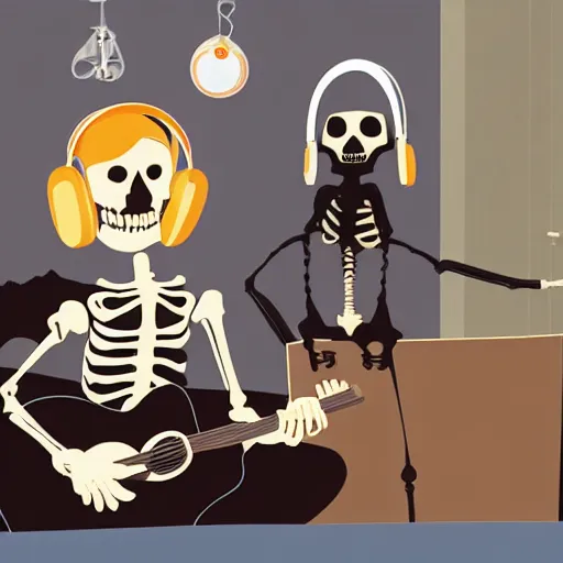 Image similar to skeleton wearing headphones watching girl playing guitar with her black cat standing next to her, digital art