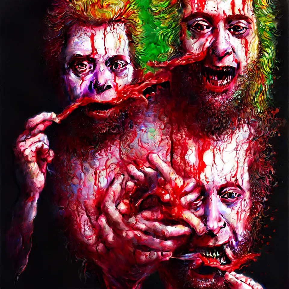 Image similar to bright psychedelic charlie kaufman eating rotten flesh, crying tears of blood and puking, diffuse lighting, fantasy, intricate, elegant, highly detailed, lifelike, photorealistic, digital painting, artstation, illustration, concept art, smooth, sharp focus, art by francis bacon