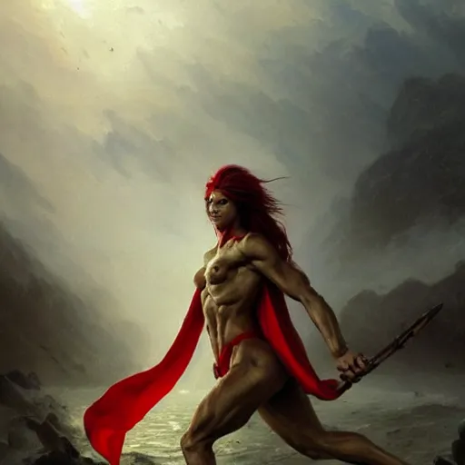 Prompt: cinematic shot epic portrait a spartan woman with a red cape on, muscular, goddess, wet hair flowing, sweaty skin, battlefield backround, broad light, ambient occlusion, volumetric light effect, made by ivan aivazovsky, peter mohrbacher, greg rutkowski, matte painting, trending on artstation, 4 k, perfectly defined features, digital painting,