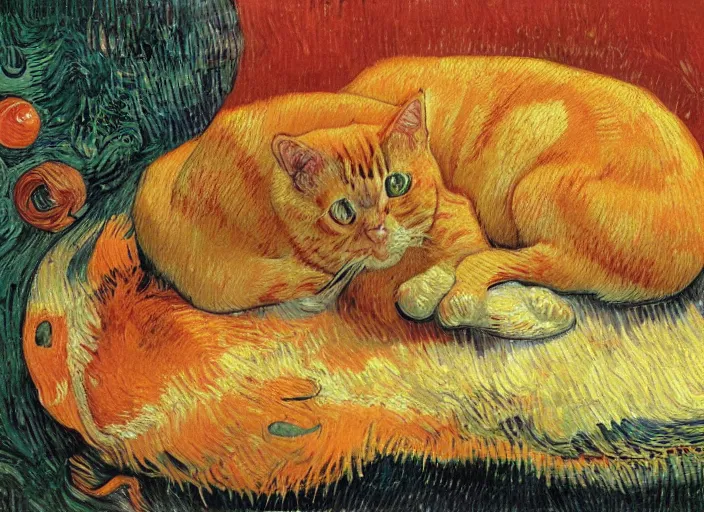 Image similar to detailed realistic realism painting of hybrid between orange tabby cat and lasagna, at dusk, in the style of vincent van gogh and salvador dali and leonardo da vinci