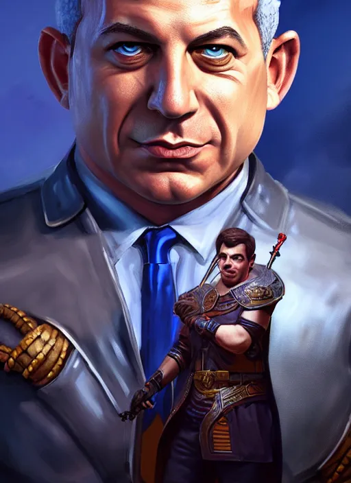 Prompt: A striking epic hyper real comic book style portait painting of Benjamin Netanyahu as a bard, D&D Concept Art, unreal 5, DAZ, Apex legends concept art, hyperrealistic, octane render, cosplay, RPG portrait, dynamic lighting