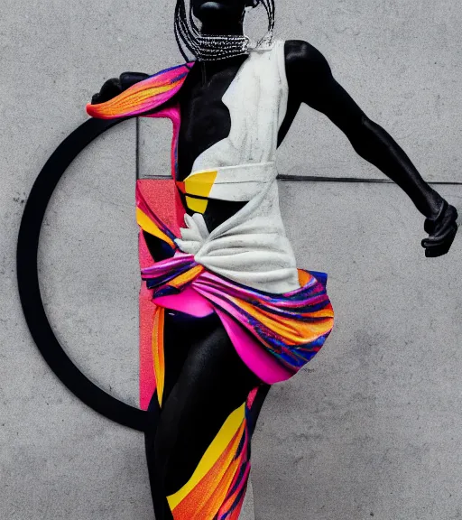 Image similar to dark black marble statue of a beautiful woman with colorful motocross logos in the style of virgil abloh, dark soft lighting, cinematic, very very beautiful, detailed, off white, heron preston, 8 k, 4 k, detailed, beautiful, symmetrical, vogue, editorial, fashion, magazine, museum lighting, night time, dark