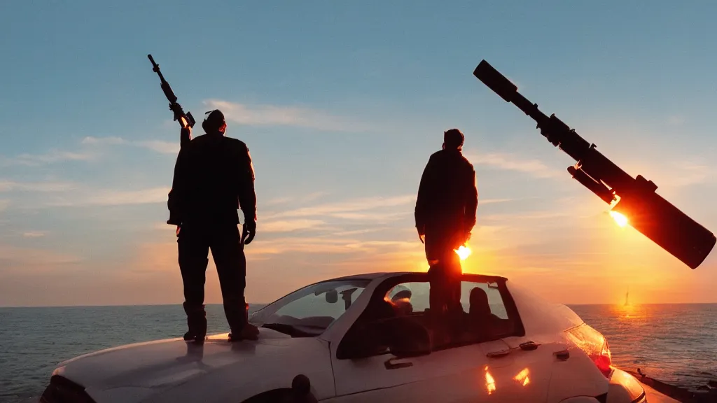 Image similar to a movie still of a man holding a rocket launcher, standing on the roof of a car driving through the ocean at sunset, golden hour, watching a mushroom cloud on the horizon