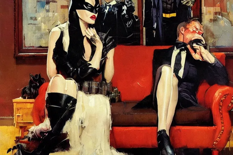 Image similar to batman sits on a sofa beside his wife and expresses his displeasure at the manner of her dress, painted by phil hale and rick berry and dean cornwell and norman rockwell and jeremy mann