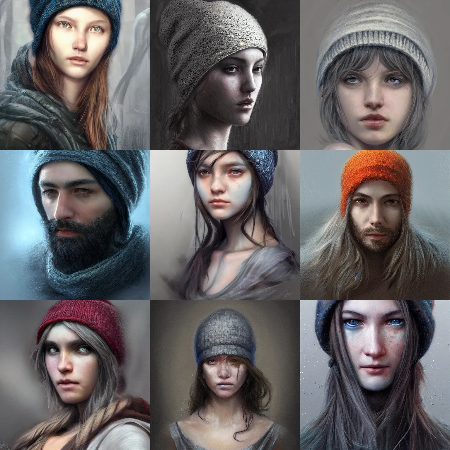 Prompt: portrait of a starving ai artist, detailed clothing, beanie, concept art, artstation, detailed luminescent matte painting by alan lee and artgerm