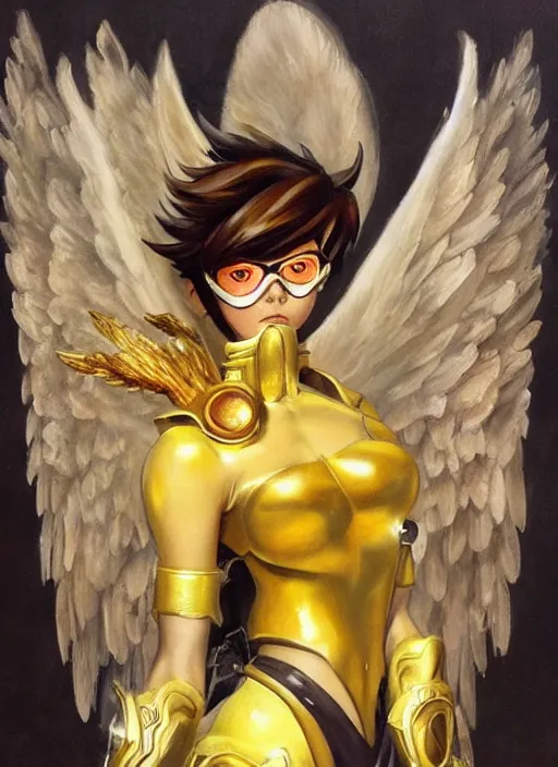 Image similar to full body oil painting of tracer overwatch in the style of frank frazetta, angel wings, angelic golden armor, dramatic painting, symmetrical composition, ornate, golden chains, high detail, gold detailed collar!!!!!, blooming, angelic, lights, flowers, heavenly, bright, detailed face,