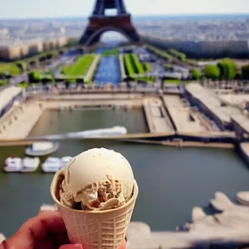 Prompt: There is a bowl of ice cream, and it is sitting on top of the Eiffel Tower in Paris.