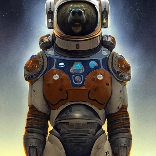 Image similar to detailed science - fiction character portrait of a grizzly bear space robot suit, intricate, wild, highly detailed, digital painting, artstation, concept art, smooth, sharp focus, illustration, art by artgerm and greg rutkowski and alphonse mucha