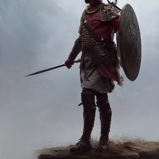 Image similar to a dramatic epic ethereal portrait of a Roman Wars soldier, full body with dynamic pose, male, detailed face, cinematic lighting, highly detailed oil on canvas painting by Greg Rutkowski, winning-award digital art trending on Artstation H 1024 W 832