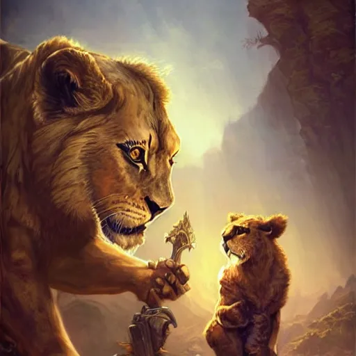 Prompt: An adventurer holding a lion cub in his hands in World of Warcraft, cover art, ultra wide lens shot, pretty, beautiful, DnD character art portrait, matte fantasy painting, DeviantArt Artstation, by Jason Felix by Steve Argyle by Tyler Jacobson by Peter Mohrbacher, cinematic lighting