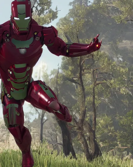 Image similar to green iron man suit in red dead redemption 2, cinematic, photorealistic
