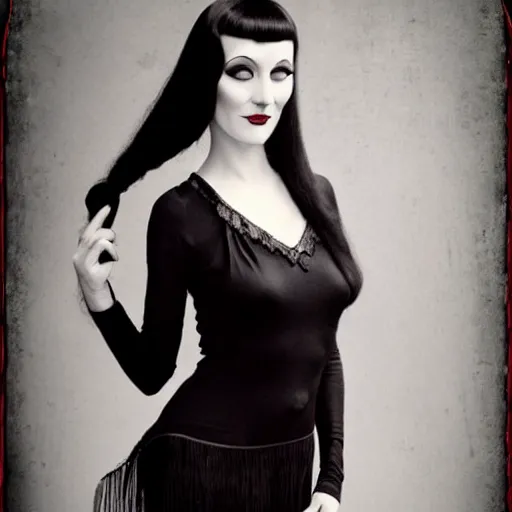 Image similar to young woman, morticia addams, long black hair, short, flapper, vintage, creepy, beautiful, macabre