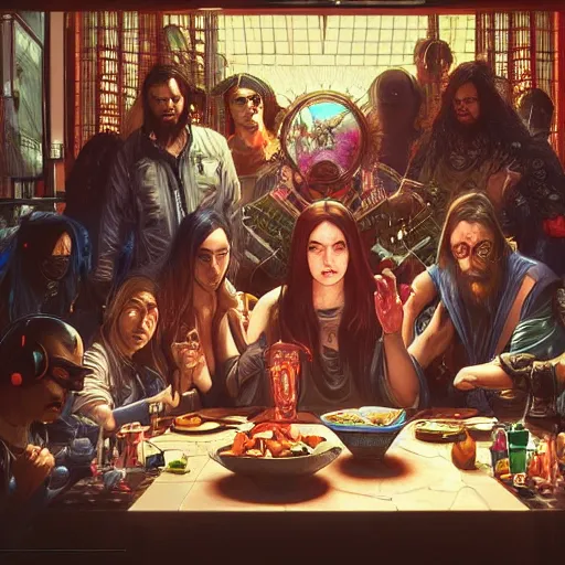 Image similar to the last supper, cyberpunk style, highly detailed, digital painting, cinematic, hyper realism, dark retrowave, art by stanley lau and artgerm and magali villeneuve and alphonse mucha, artstation, octane render, cgsociety