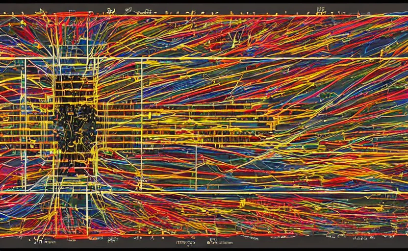 Prompt: automated modularity of the graphic musical score, masculine, explosive, with colors from the movie spellbound, Schumannesque