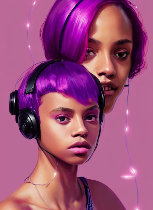 Image similar to portrait of teenage vanessa morgan with bright pink hair, black girl, curly pixie cut hair, wearing a purple breton cap, breton cap, hoop earrings, intricate, elegant, glowing lights, highly detailed, digital painting, artstation, concept art, smooth, sharp focus, illustration, art by wlop, mars ravelo and greg rutkowski