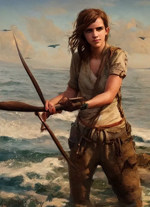 Image similar to hyper realistic photo of prehistoric fisher emma watson with a harpoon in her hand, full body, rule of thirds, conceptart, saturated colors, cinematic, greg rutkowski, brom, james gurney, mignola, craig mullins, artstation, cgsociety