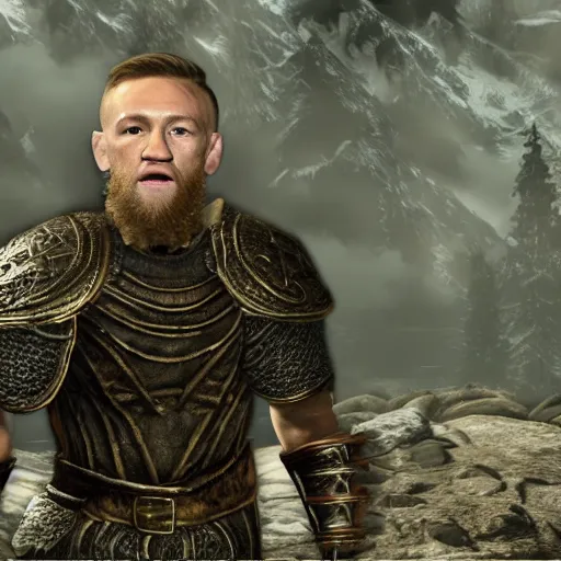 Image similar to attacking screenshot of conor mcgregor in skyrim, elf armor, ps 3 graphics, npc talking, wilderness, 1 0 8 0 p, bokeh, elder scrolls v, detailed, dialog text