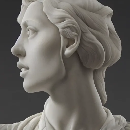 Prompt: a marble bust of actress Scarlett Johansson, made of Carrara marble, extremely detailed, 8K render, unreal engine, octane render, intricate, CGI, cgsociety, photograph, single subject, medium shot, shallow depth of field, by Gian Lorenzo Bernini