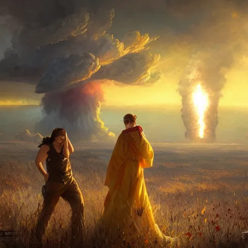 Image similar to a young couple watching a nuclear explosion, romantic, mushroom cloud, uplifting, happy, apocalytic detailed digital matte painting by artgerm, greg rutkowski and alphonse mucha