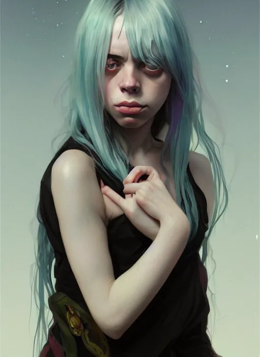 Image similar to Overlord Billie Eilish, body portrait, slight smile, highly detailed, digital painting, artstation, concept art, sharp focus, illustration, art by wlop and greg rutkowski and alphonse mucha and artgerm