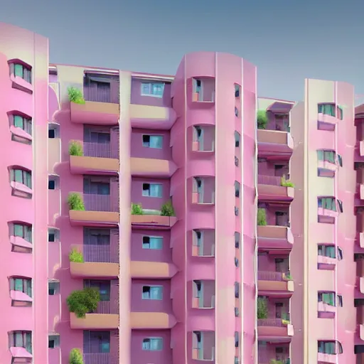 Image similar to Dali inspired apartment block in pink and teale pastel colours, hyperrealistic, octane render, architectural perfection, insane detail