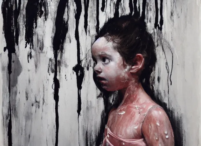Image similar to young ballerina training in a big dark room, painted in style of marlene dumas, pat steir, oil painting, dripping paint, intricate details, psychologic, melancholic, symmetrical face, hyper detailed