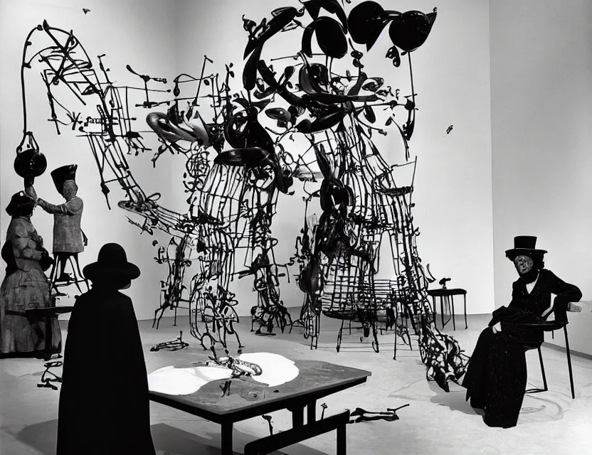 Image similar to a sculpture installation painted as a strange dusty professor in black suite and hat and a old woman making a study of drinking ten cups of black coffee in five seconds in a kitchen that is melting dali, styled by jean tinguely and niki de saint phalle