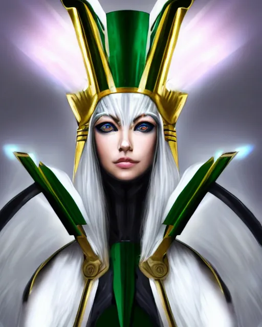 Image similar to perfect white haired attractive egyptian goddess with green eyes, warframe armor, pharaoh headdress, beautiful, symmetric, dreamy, half asian, pretty face, charlize theron, detailed, scifi platform, laboratory, experiment, 4 k, ultra realistic, epic lighting, android body, illuminated, cinematic, masterpiece, art by akihito tsukushi, voidstar