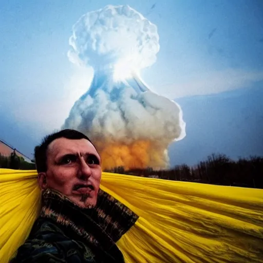 Image similar to a selfie of a ukrainian in yellow - blue rags against the backdrop of a nuclear explosion shoots himself in the head with a pistol in order to die a less painful death