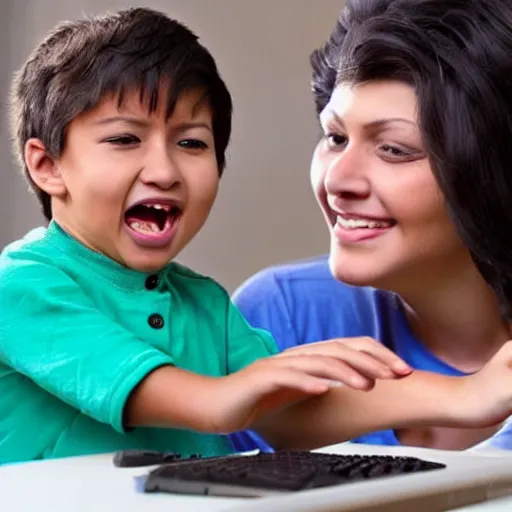 Image similar to child shout on his mother who play computer games and smile.