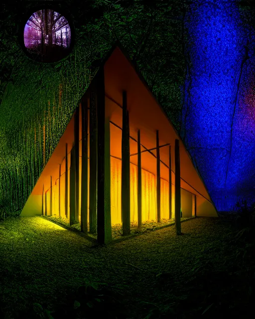 Image similar to building by diebedo francis kere, at night thermal vision rainforest lightpaint at dusk thermal imaging reclaimed by nature laser fisheye darkacademia forest myst hyperrealism, archdaily, wallpaper, highly detailed, trending on artstation.