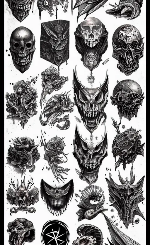 Image similar to tattoo flash sheet by greg rutkowski, by giger, by maxim verehin