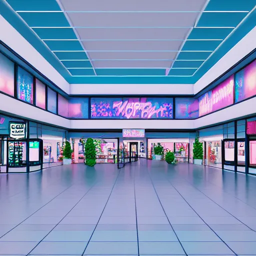 Image similar to vaporwave 9 0 s dreamy empty shopping mall, highly detailed, 3 d render, vray, octane, realistic lighting, photorealistic