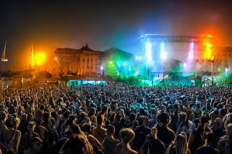 Prompt: techno festival in helsinki in hot summer night, beautiful, cinematic multicolor lighting, photorealistic, hyperrealistic, highly detailed, close - up, high resolution, 4 k