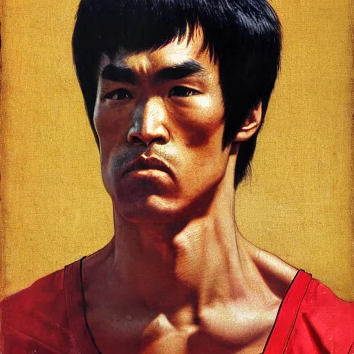 Prompt: Frontal portrait of an angry Bruce Lee. A portrait by Norman Rockwell.