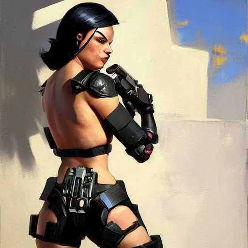 Prompt: greg manchess portrait painting of armored neena thurman aka domino as overwatch character, medium shot, asymmetrical, profile picture, organic painting, sunny day, matte painting, bold shapes, hard edges, street art, trending on artstation, by huang guangjian and gil elvgren and sachin teng