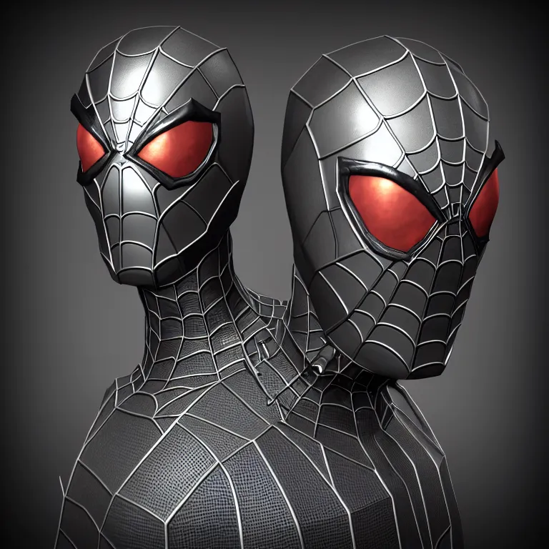 Image similar to steampunk spiderman bust shot, 3 d render, 3 d rendering, hdr, dynamic lighting, unreal engine, shiny, metallic, reflective, perfect, black gradient background
