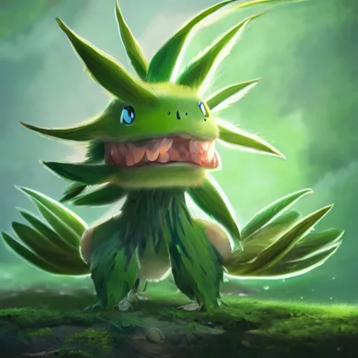 Image similar to a cute beautiful green plant type pokemon with beautiful happy smile, green feathers bursting out of his hair, full body portrait, highly detailed digital art, 3 d perspective, award - winning illustration, aesthetic, smooth, pokemon style, made by greg rutkowski, with an alien landscape in the background