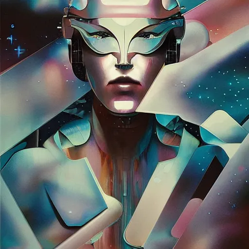 Image similar to scifi futurism automaton minimalism chrome by peter mohrbacher art Hajime Sorayama airbrush hyperrealism model abstract shatter fragments cubism futurism pastel blue soft flat minimal minimalism portrait face jackson pollock ukiyo-e lithograph mark ruthko swirl escape noise shimmer glow paint