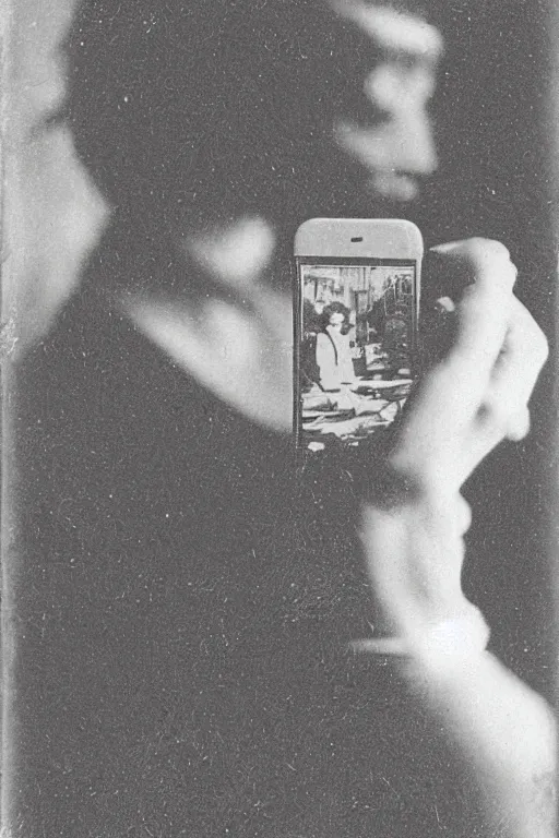 Prompt: 1 9 0 0 s photo of a person looking at an iphone photo grain double exposure masterpiece