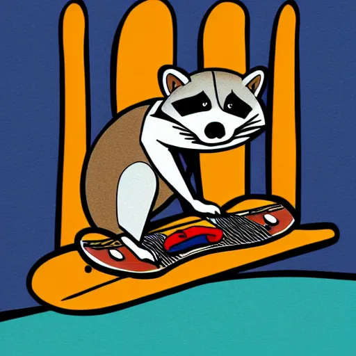 Image similar to cartoon illustration of a raccoon riding a skateboard