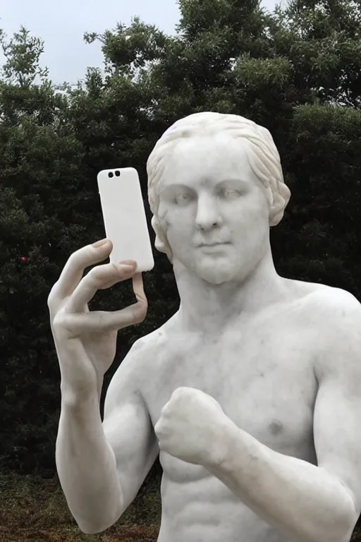 Prompt: marble sculpture of a man holding a marble phone to take a selfie