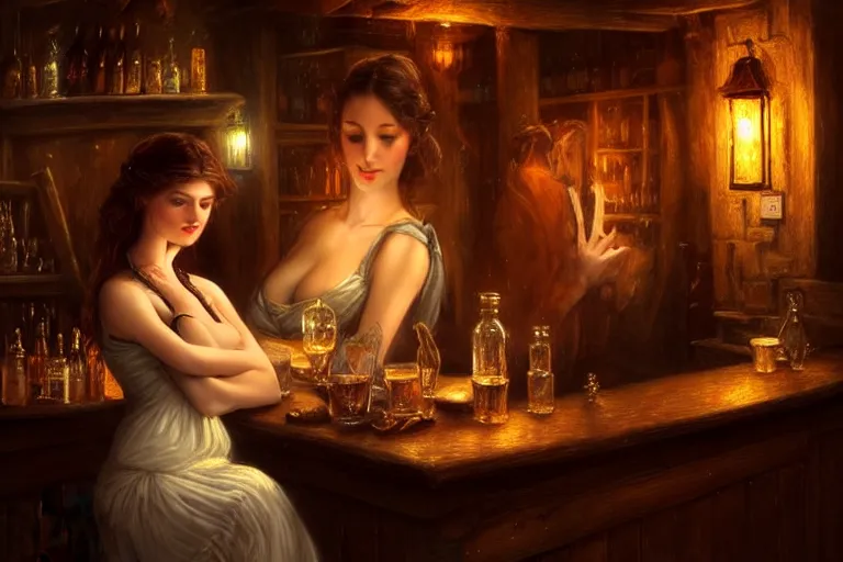 Image similar to a beautiful barmaid, dimly lit cozy tavern, relaxed pose, fantasy, intricate, elegant, dramatic lighting, emotionally evoking symbolic metaphor, highly detailed, lifelike, photorealistic, digital painting, artstation, concept art, smooth, sharp focus, illustration, art by John Collier and Albert Aublet and Krenz Cushart and Artem Demura and Alphonse Mucha, masterpiece