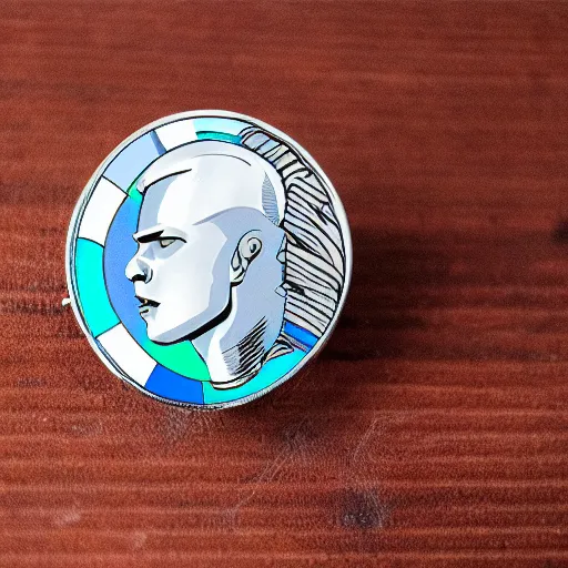 Image similar to transhumanism, metal badge with a hair clip